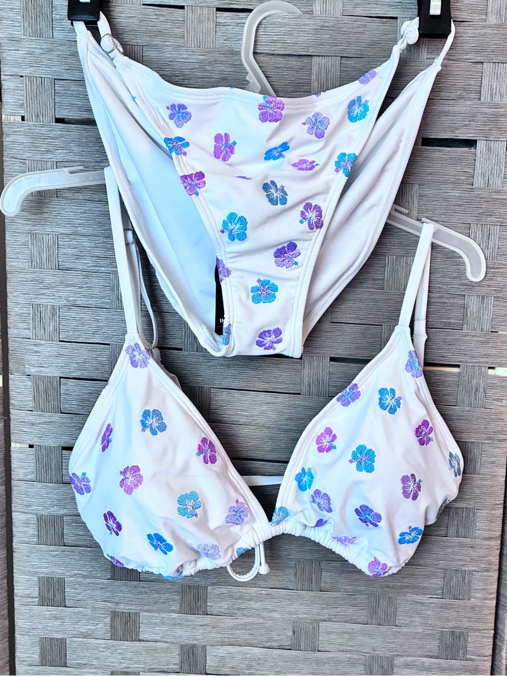 (Never Worn) White Floral Triangle Bikini Set with Purple & Blue Accents